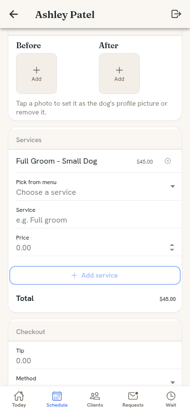 WagBooking appointment detail screen on mobile showing the services section with a Full Groom line item priced at $45, an Add service button, the running Total of $45.00, and the top of the Checkout section with tip and payment method fields