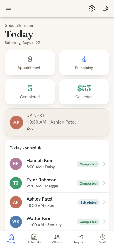 WagBooking Today dashboard on mobile showing today's KPIs (appointments, remaining, completed, revenue collected), the next appointment, and today's schedule with status pills